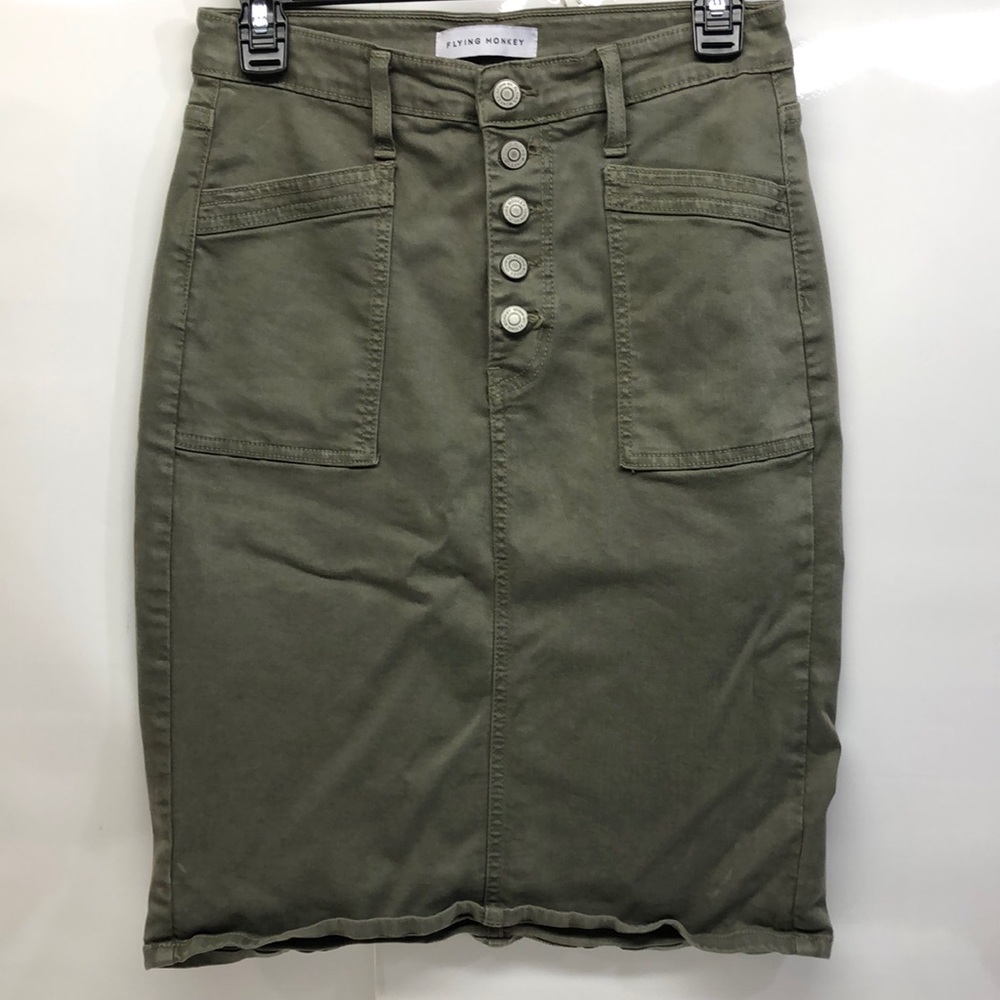 Flying Monkey Button Fly Denim Skirt | Olive | Size 27
